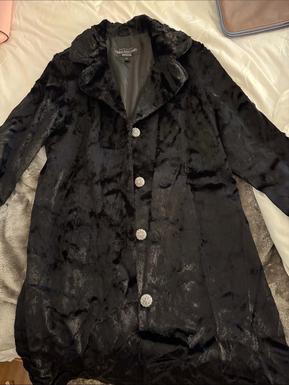 Vintage Fabulous Furs Black Faux Fur Pea Coat with Silver Buttons
